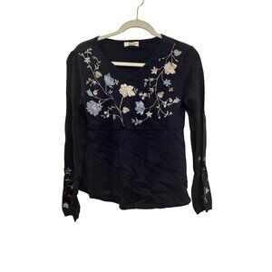 Style & Co Embroidered Floral Top Women XS Blue Long Sleeve Lightweight